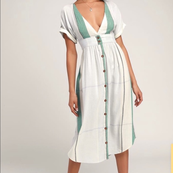 O'Neill Dresses & Skirts - Oneill Reid Multi Striped White Green Button Up Plunge V-Neck Midi Dress Small